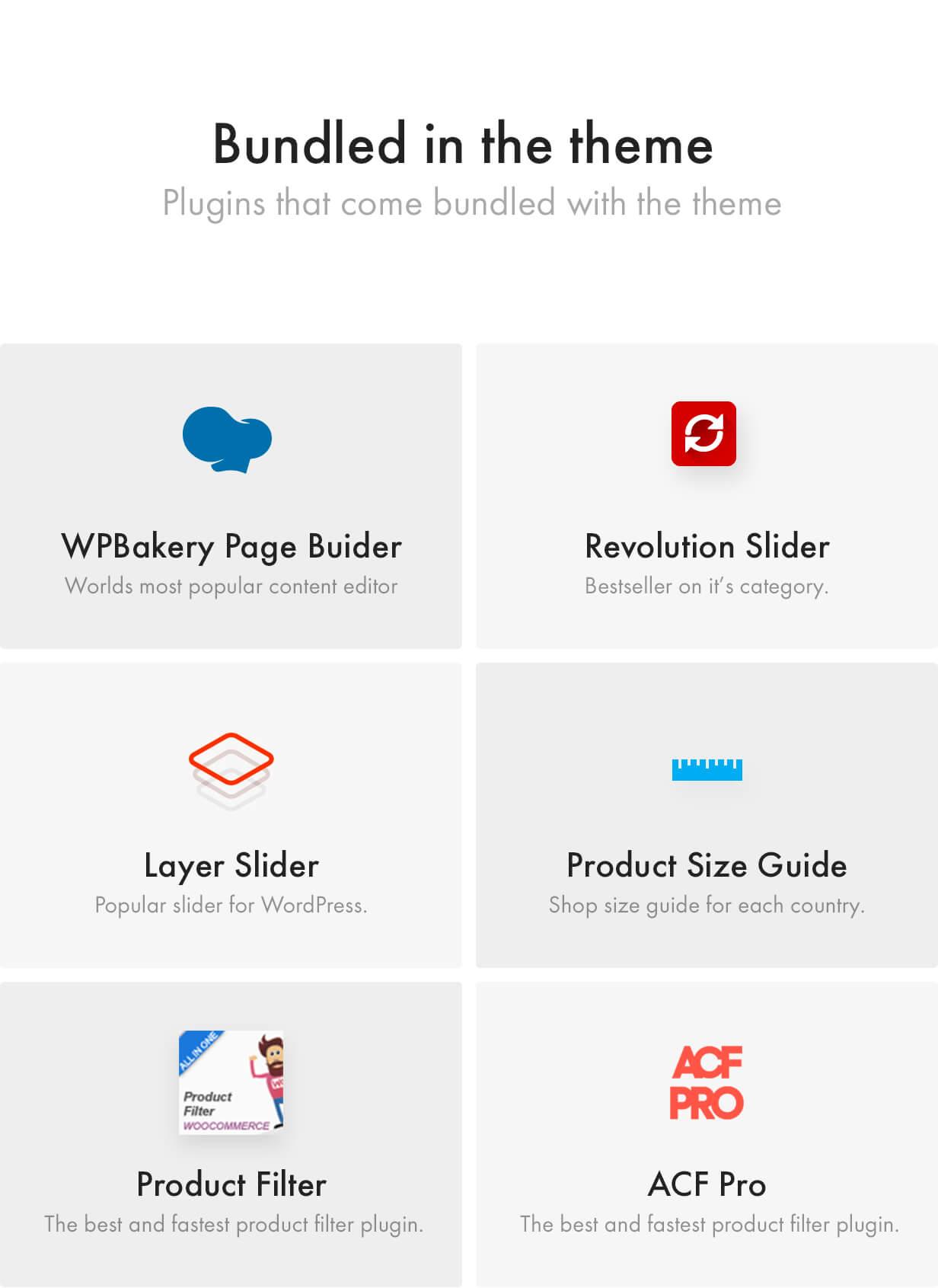 Premium Plugins included, WPBakery Page Builder, Revolution Slider, Layer Slider, Advanced Custom Fields PRO, Product Size Guide, WooCommerce Size Guide