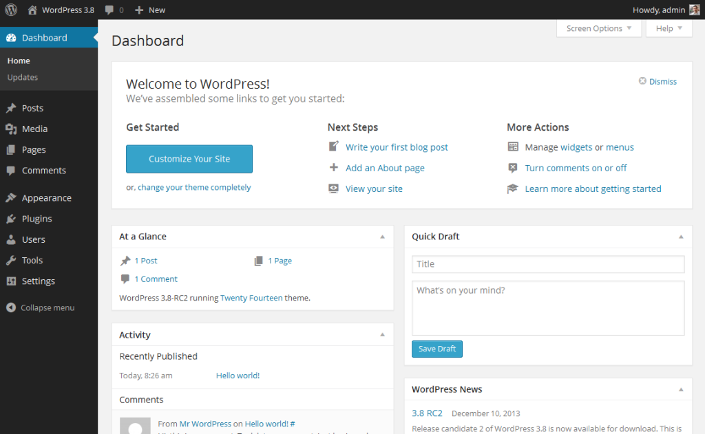 WordPress dashboard (backend)