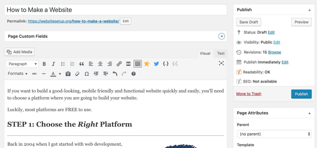 WordPress editing a page