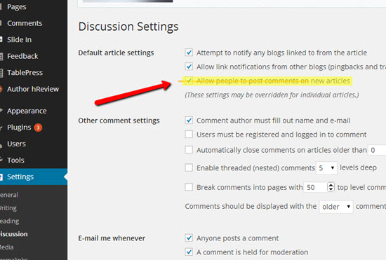 Website comments settings
