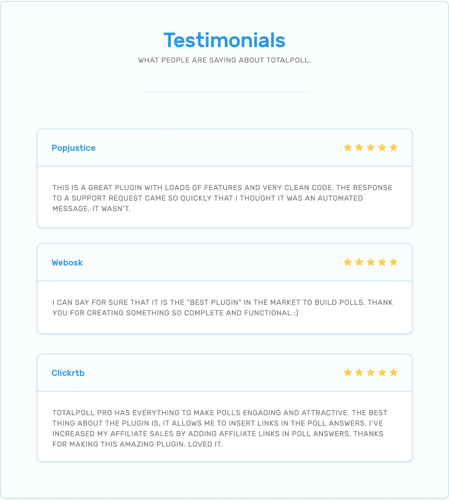 Testimonials of customers who used TotalPoll.