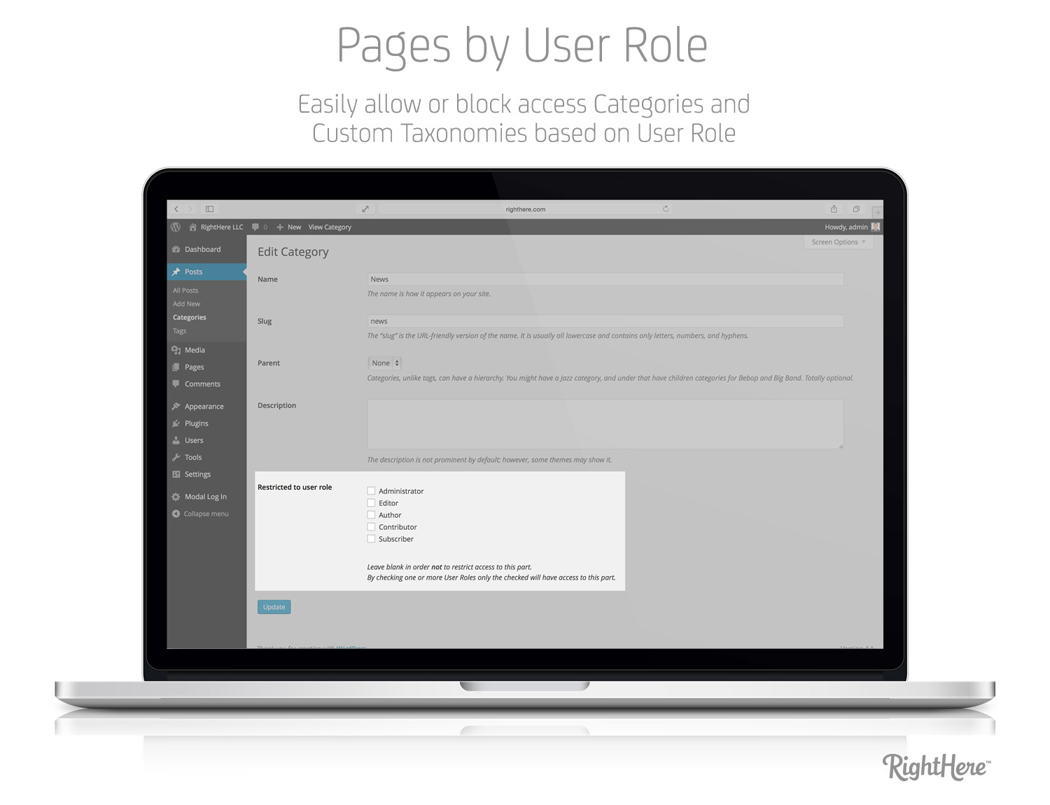 Pages by User Role for WordPress - Restrict access to Category