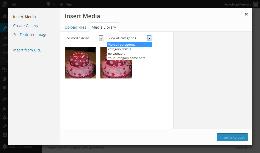 Filter by category when inserting media