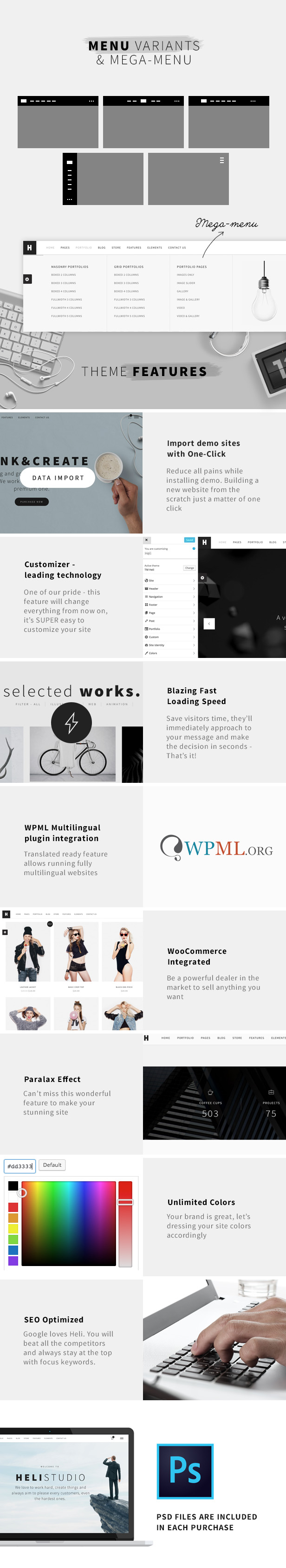 Minimal Creative Black and White WordPress Theme - Various layouts of black n white theme like Heli 