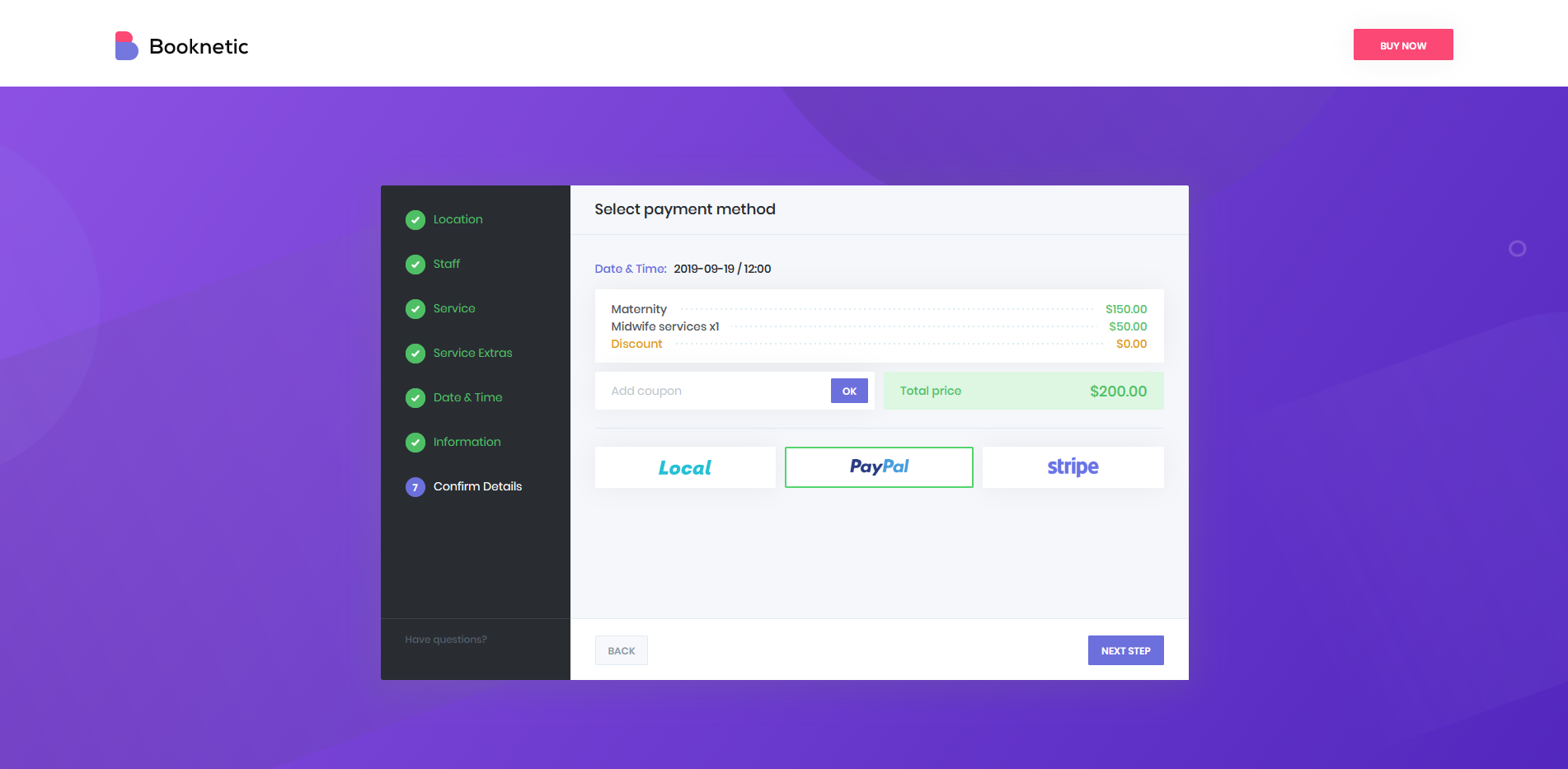 Booknetic - Payment methods: PayPal, Stripe, Local payment method and WooCommerce