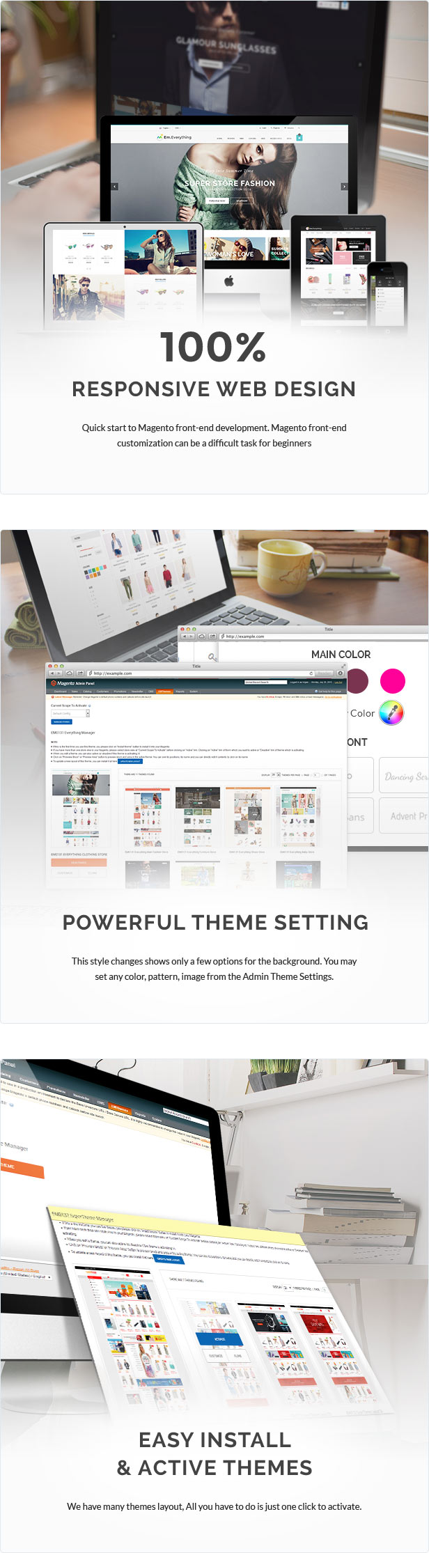 responsive web design, powerful theme setting, easy install and active themes