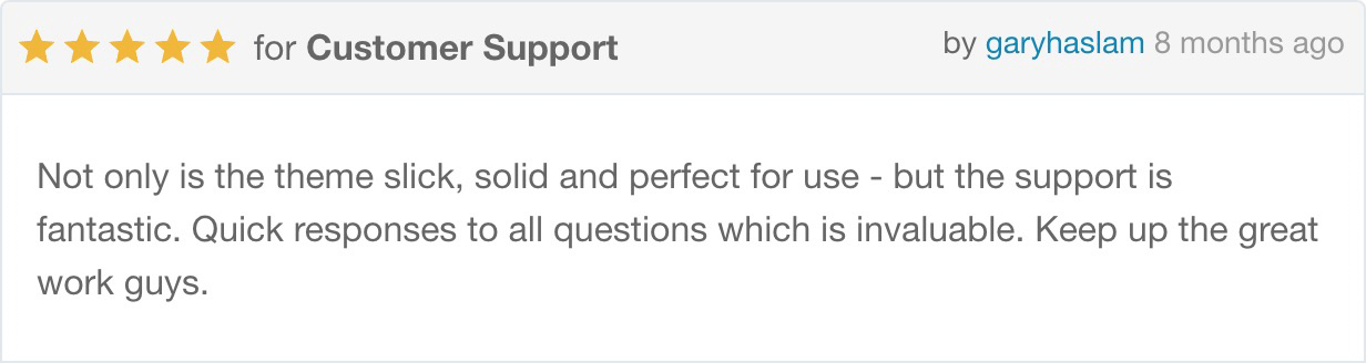 Not only is the theme slick, solid and perfect for use - but the support is fantastic. Quick responses to all questions which is invaluable. Keep up the great work guys.