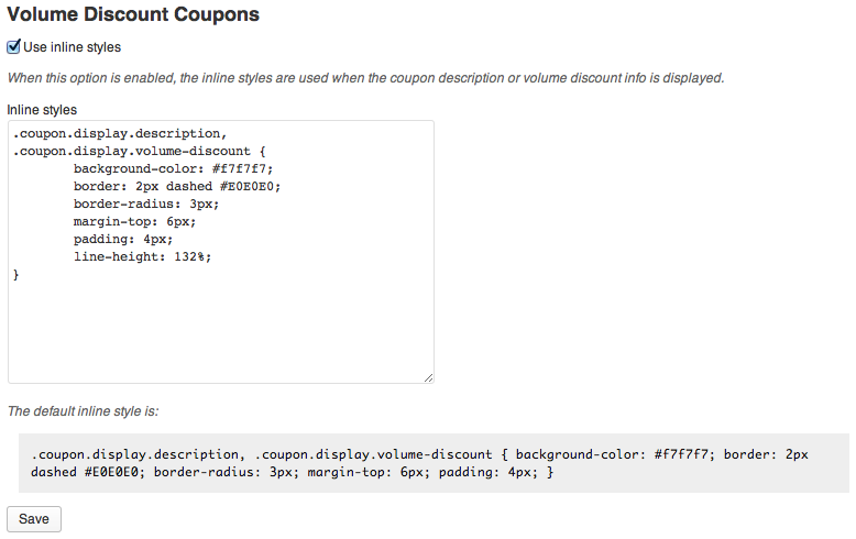 Volume Discount Coupons - Inline Styles Settings