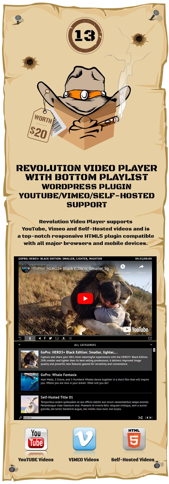 Revolution Video Player With Bottom Playlist WordPress Plugin - YouTube/Vimeo/Self-Hosted Support