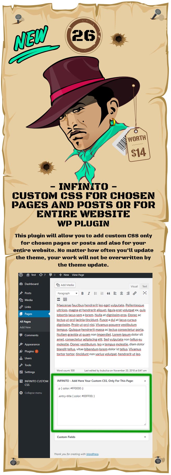 INFINITO - Custom CSS for Chosen Pages and Posts or for Entire Website - WordPress Plugin