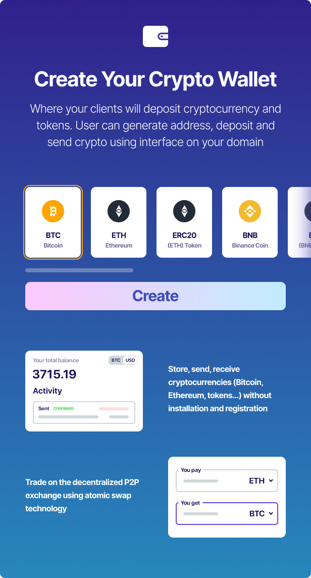 Bitcoin, Ethereum, ERC20 crypto wallets with exchange - 2