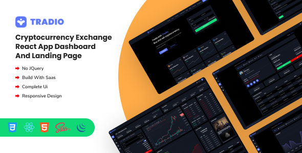 Tradio - Cryptocurrency Exchange React App Dashboard + Landing Page