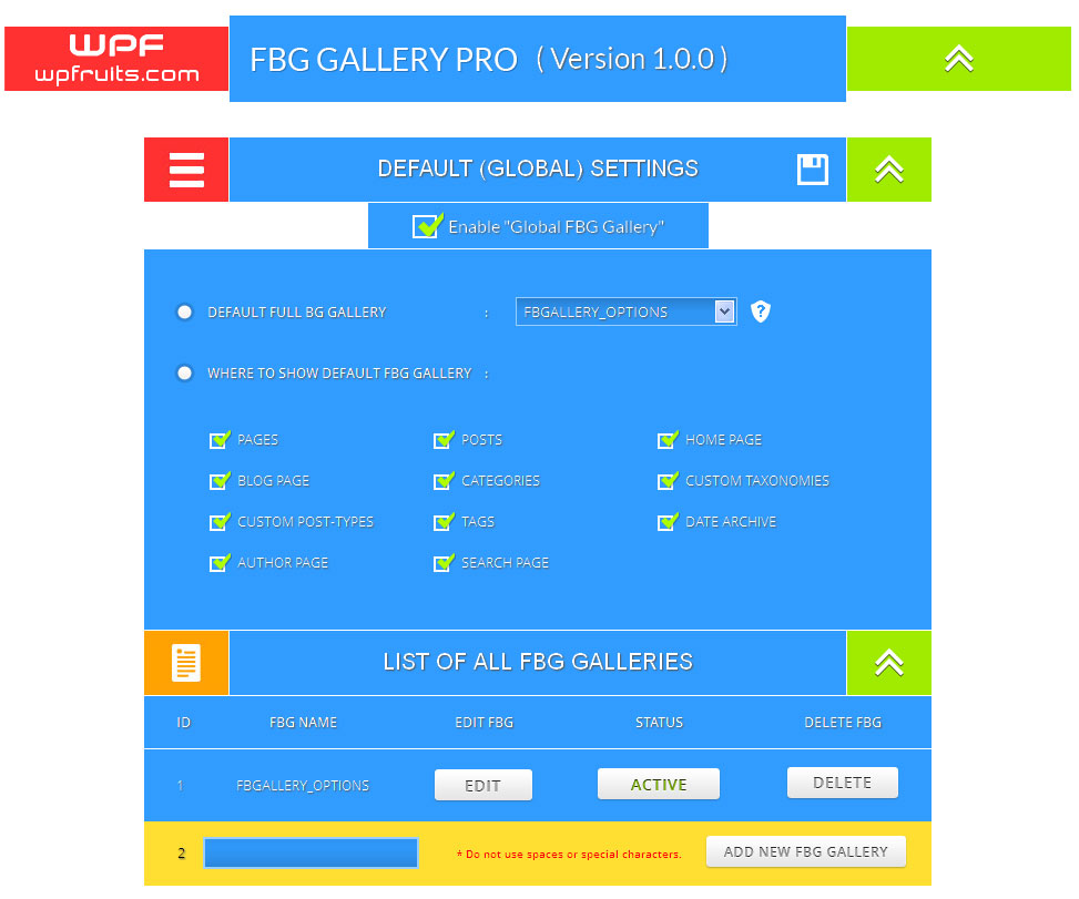 Full width background gallery wordpress Plugin settings