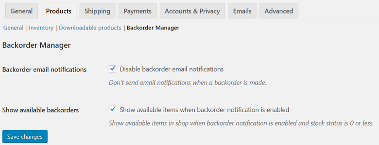 backorder manager settings page